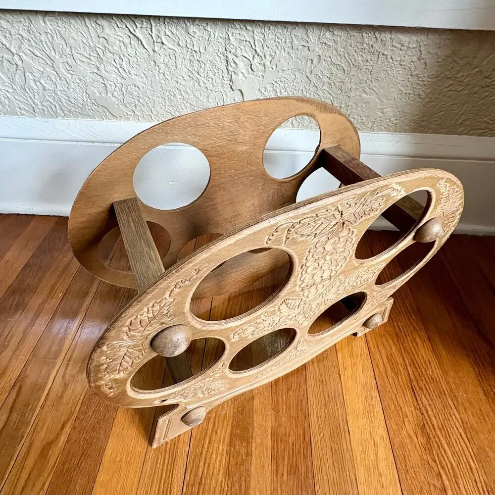 Vintage Carved Wood Wine Bottle Holder, Grape Motif Tabletop Wine Rack